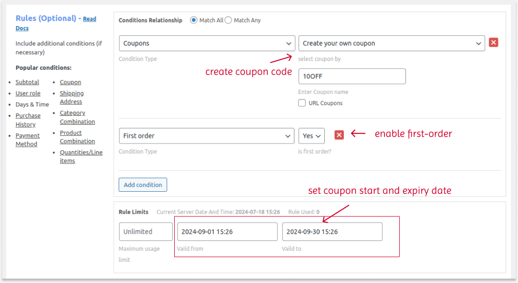 Setting coupon expiry date for first orders