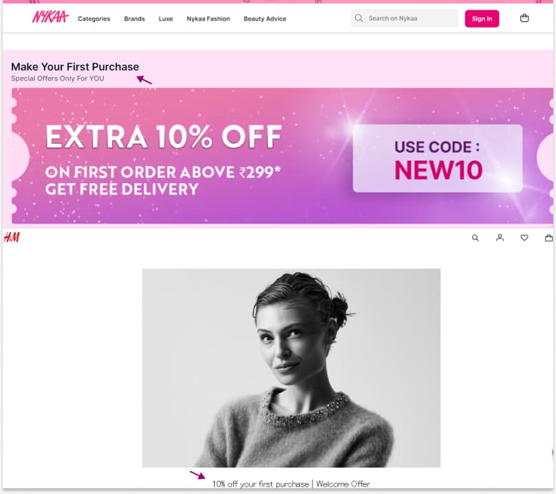 Welcome offer examples by Nykaa and H&M