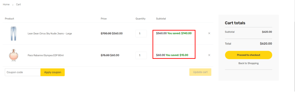 Showing a YouSaved message on cart pages