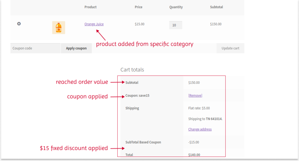 Live demo of applying coupon based on subtotal