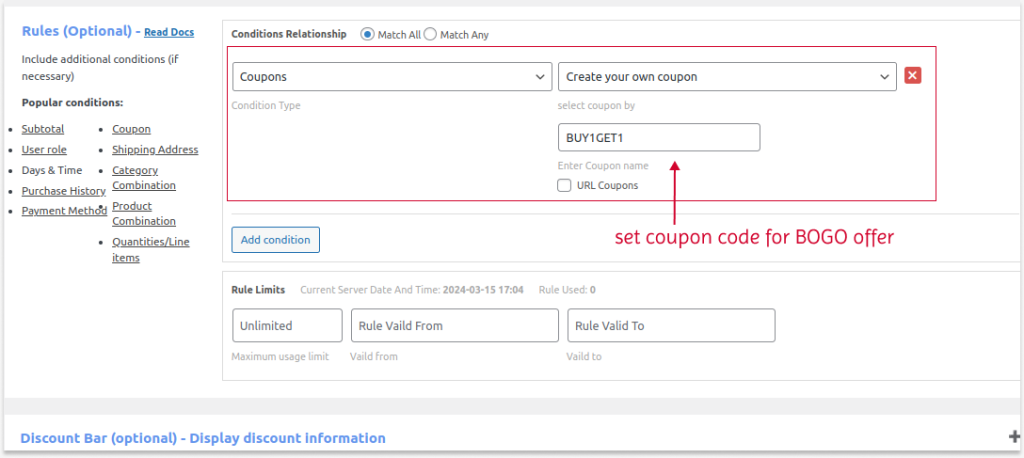 Setting Coupon Code for BOGO Offer