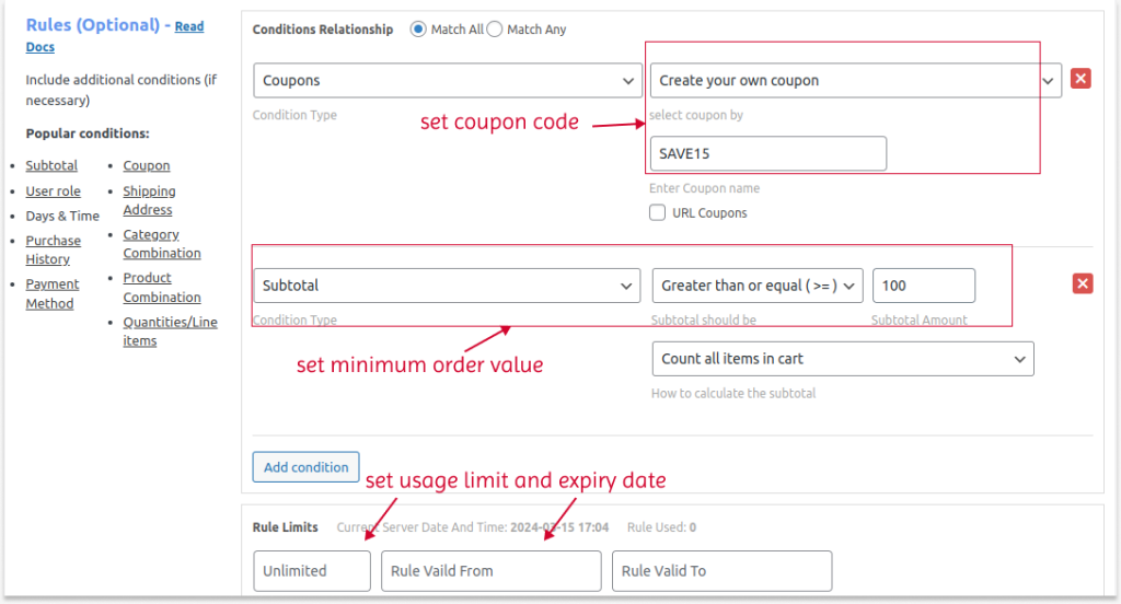 Setting coupon for sub-total based discount