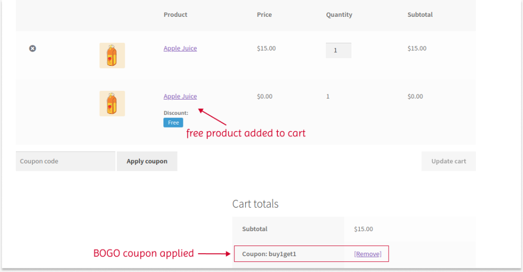 Showing BOGO Coupon Deal on Cart Page