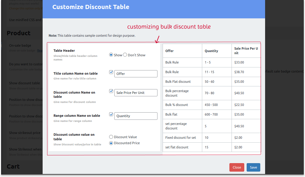 Customizing Discount Table