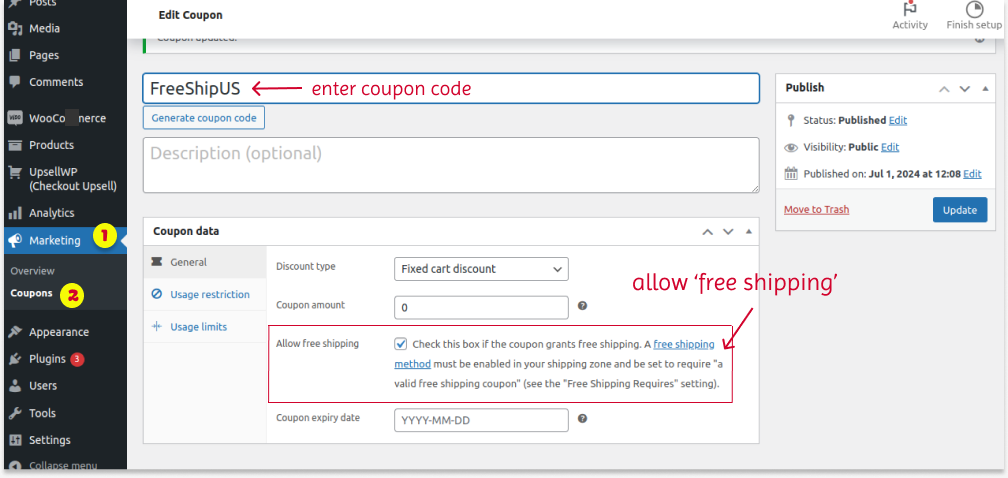 Creating a coupon code in the settings
