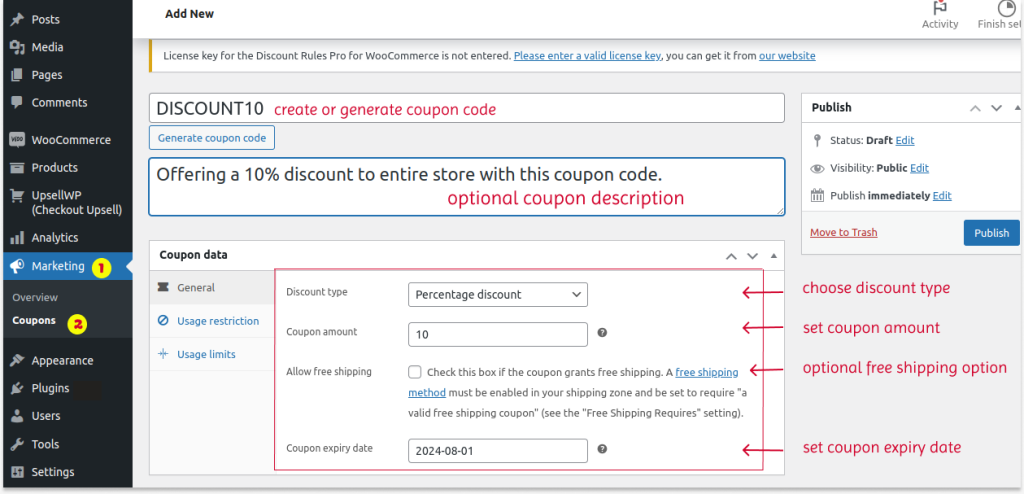 Creating default Woo coupons - setting general section