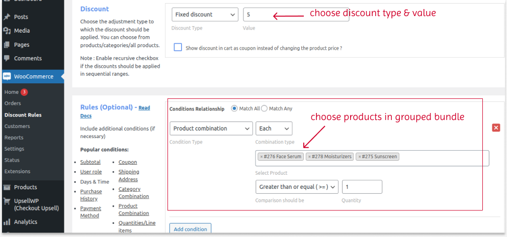 Creating product combinations for discounts