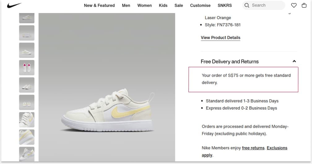  Nike offers free delivery for orders