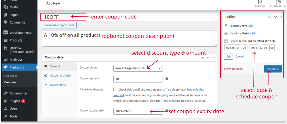 Schedule WooCommerce Coupon Using Default Settings