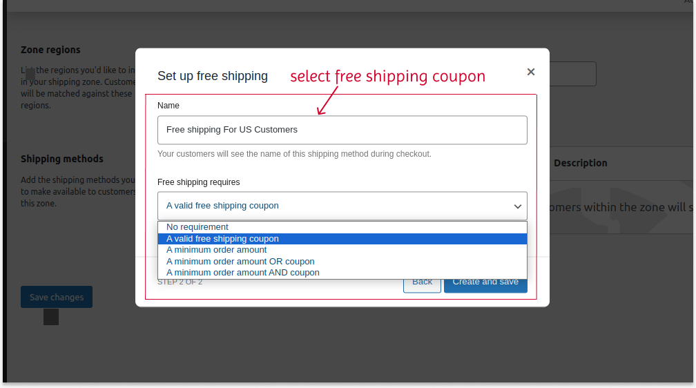 Selecting a free delivery coupon option in settings