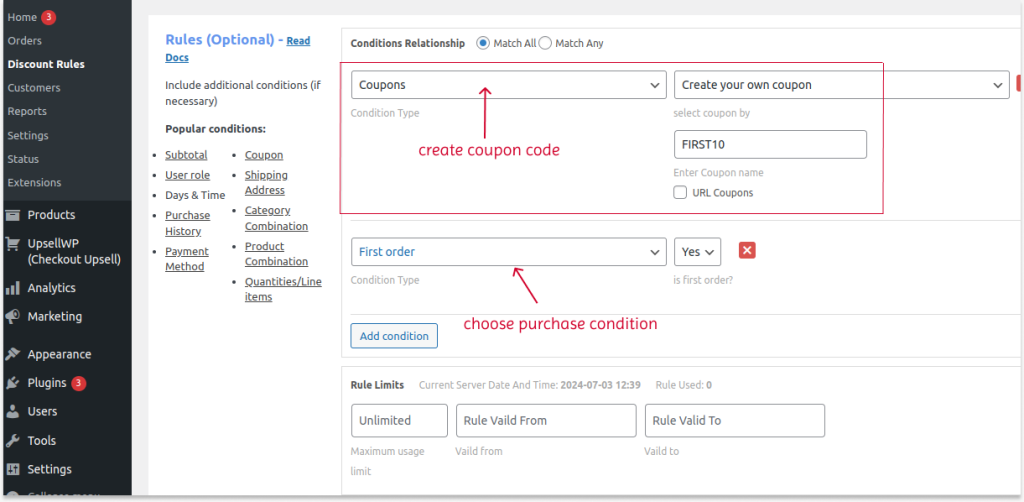Setting Coupon Conditions using the plugin