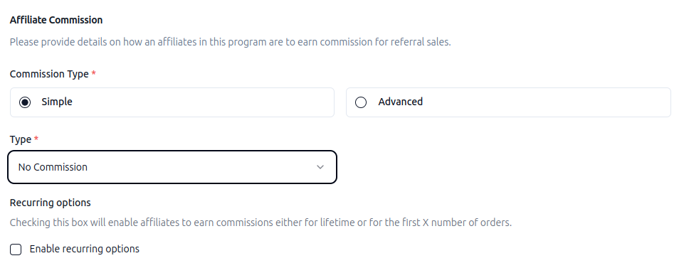 Setting affiliate commission type as No commission using WPRelay 