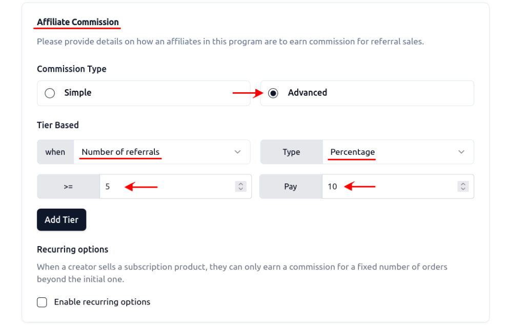 Setting affiliate commission type to Number of referrals