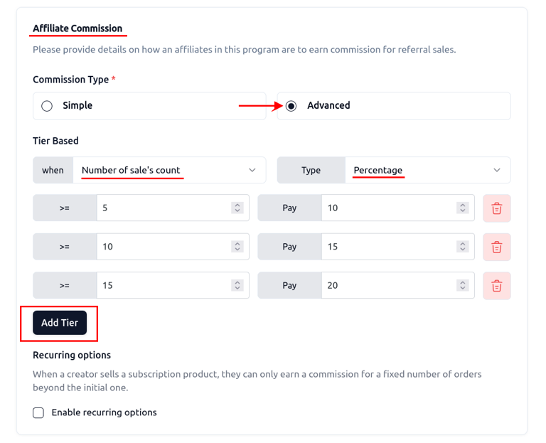 Setting affiliate commission type to Number of sale’s count