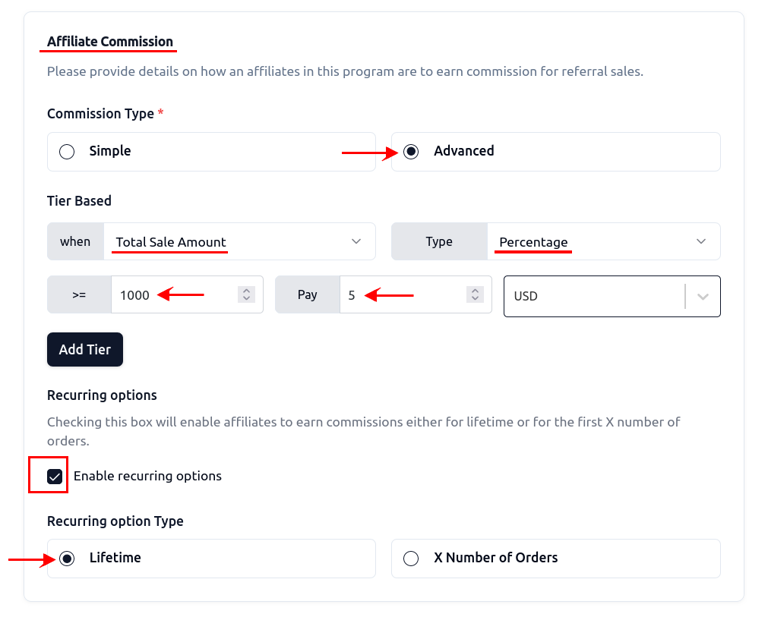 Setting affiliate commission type to Total sale amount