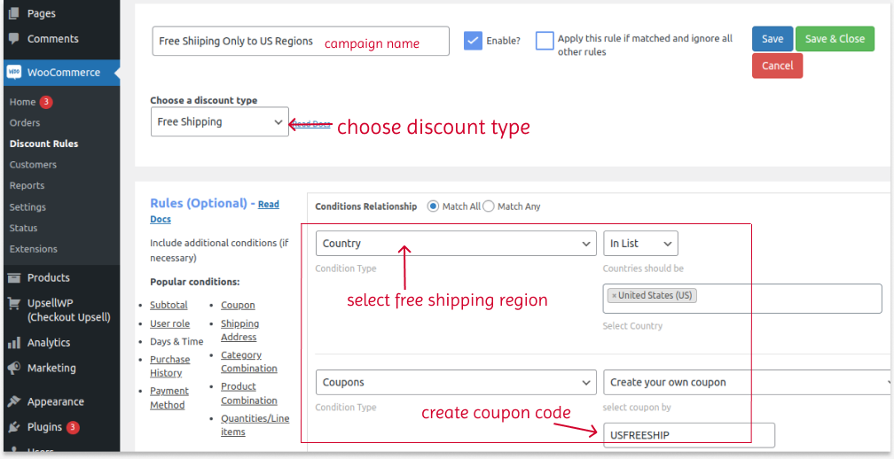 Setting a WooCommerce free shipping coupon using the Discount Rules plugin