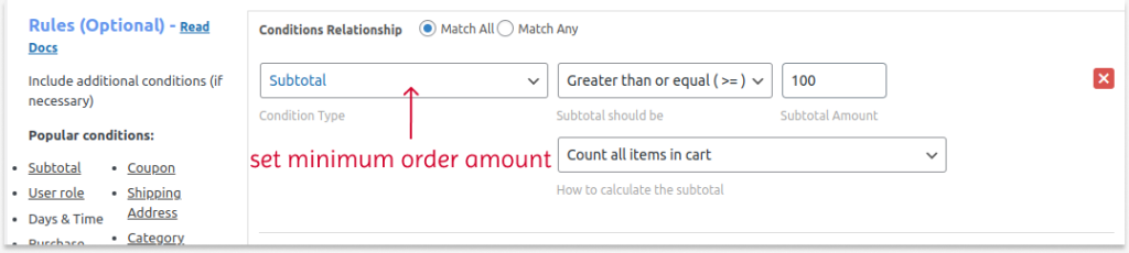 Setting minimum order amount for a percentage discount