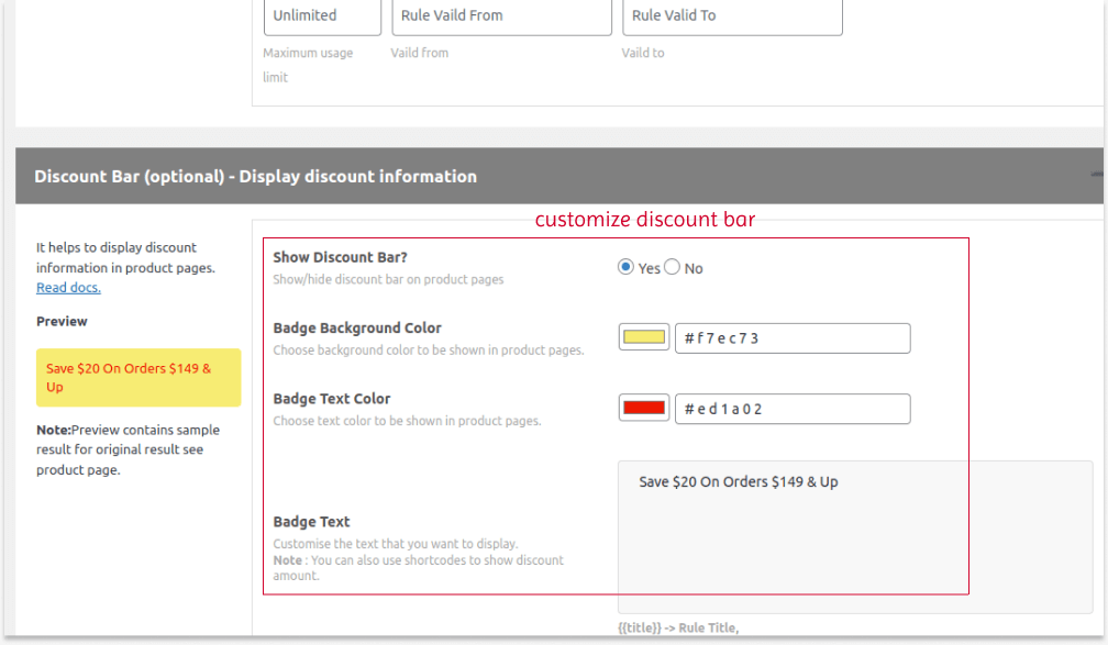 Customizing discount bars for product pages