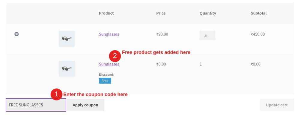 Enter the free product coupon code in the WooCommerce product page