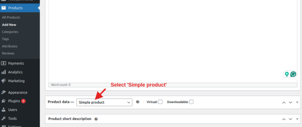 Select Simple Product from the drop-down