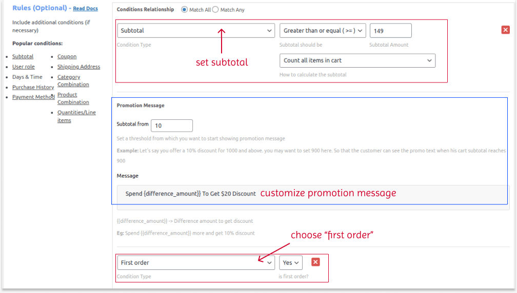 Setting first order condition in WooCommerce