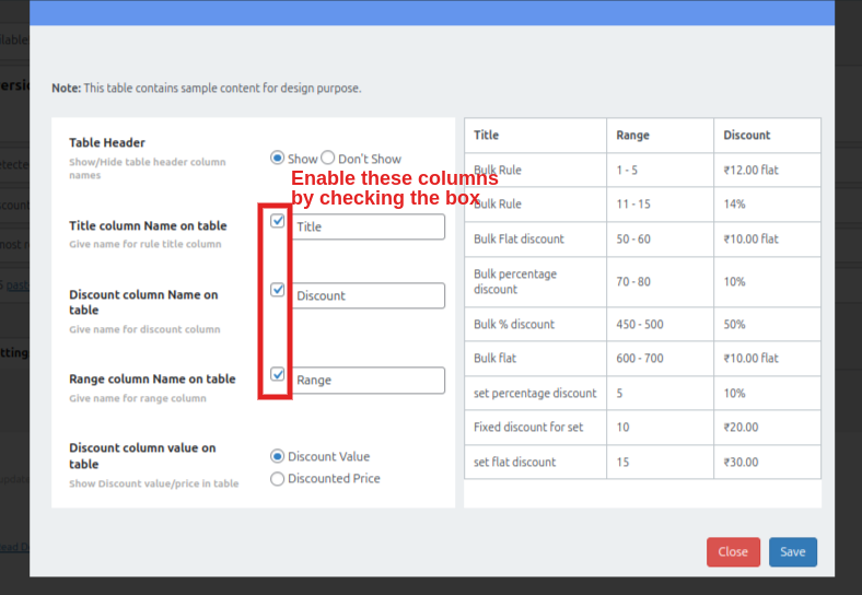 Add or remove columns in the discount table