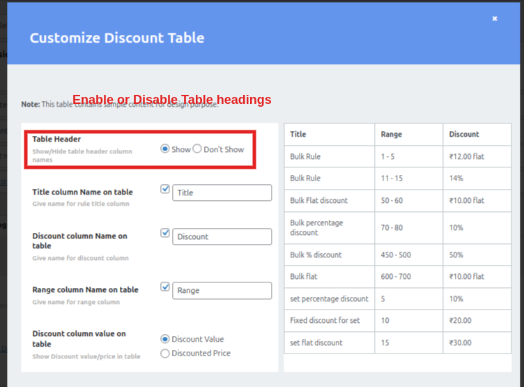 Enable or Disable Table Header