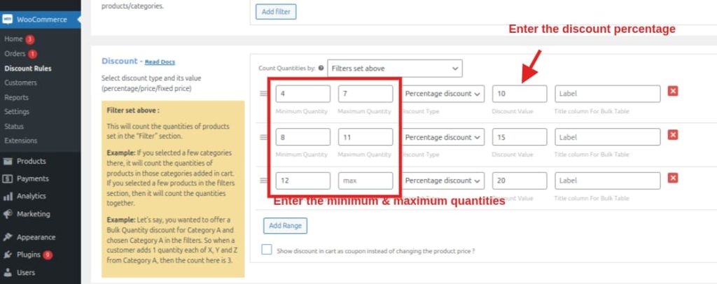 Enter minimum and maximum values for WooCommerce Tiered Pricing Table