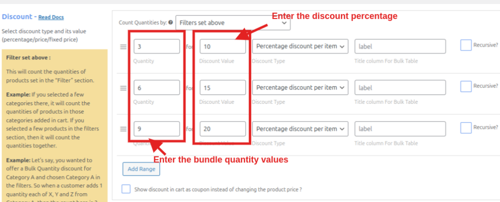 Enter the bundle values and discount offered