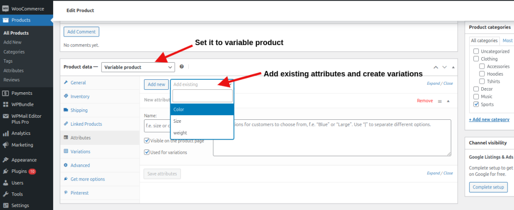 Add the WooCommerce Global attributes to the product