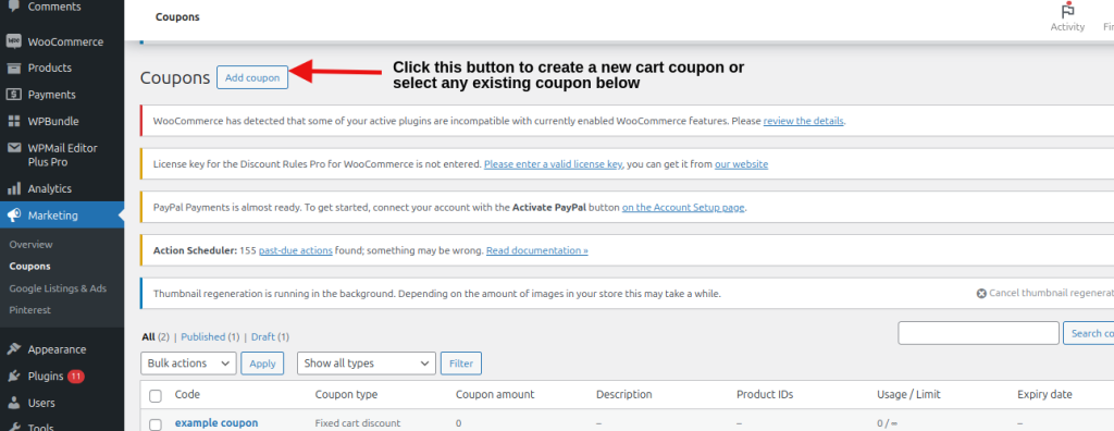 Click “Add Coupon” to create new cart coupons