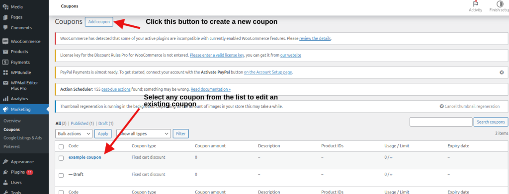 Create a new coupon or edit an existing WooCommerce coupon