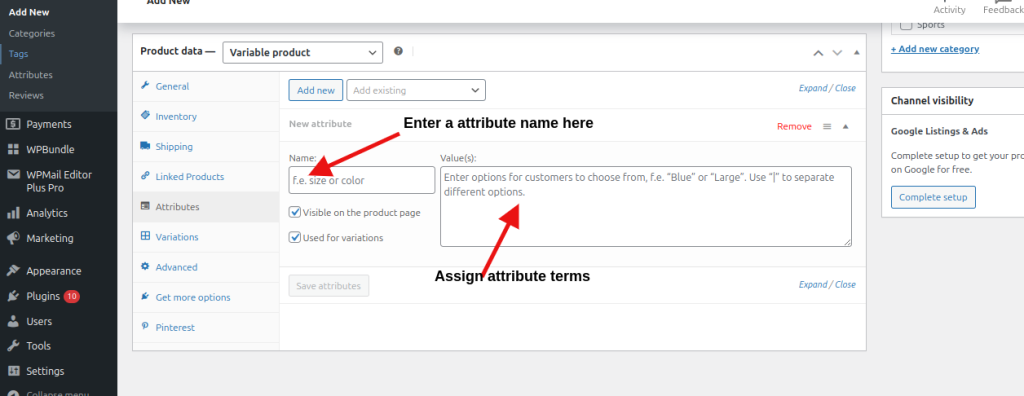 Enter the custom attribute name and values in the required tab