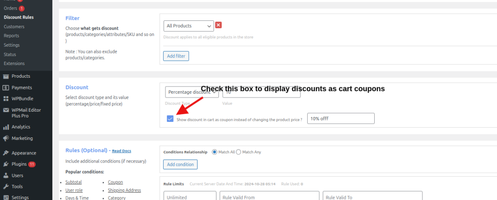 Check the box to display discounts as cart coupons