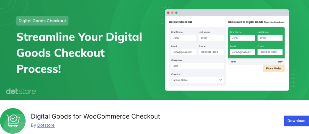 Digital Goods for WooCommerce Checkout plugin banner showcasing streamlined checkout optimization for faster digital product purchases by Dotstore