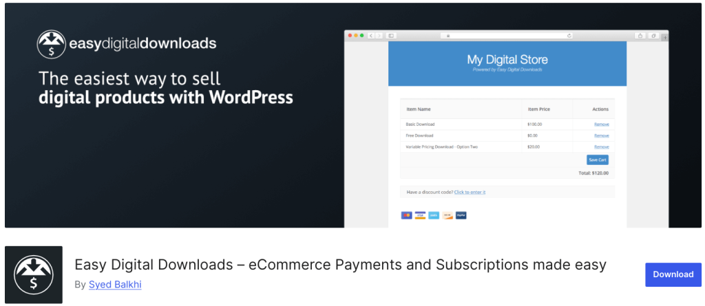 Easy Digital Downloads plugin banner showcasing an eCommerce payment and subscription solution for selling digital products with WordPress