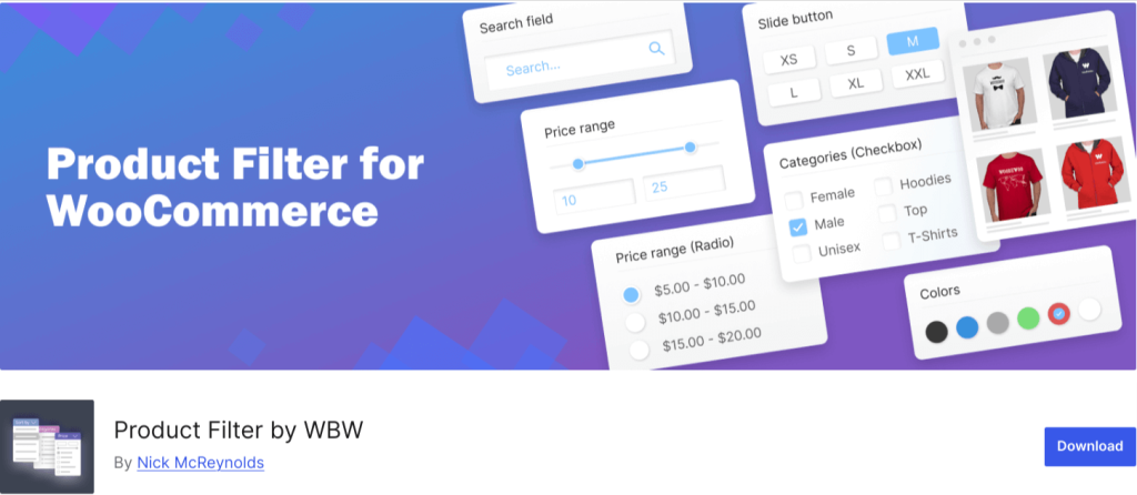 Product Filter by WBW for WooCommerce showcasing filtering options like search field, price range, categories, colors, and size selection.