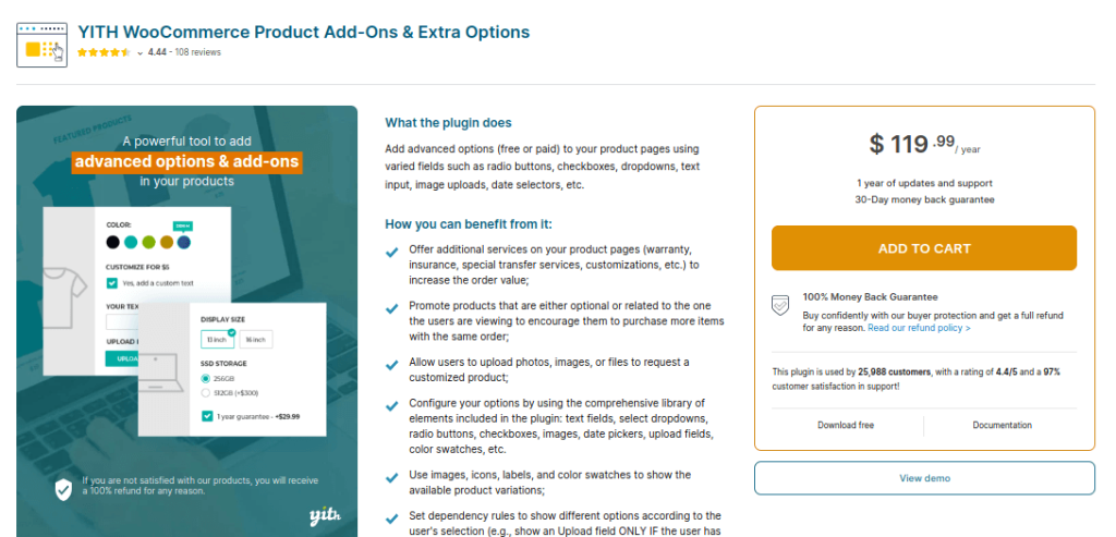 Product page of YITH WooCommerce product add-ons