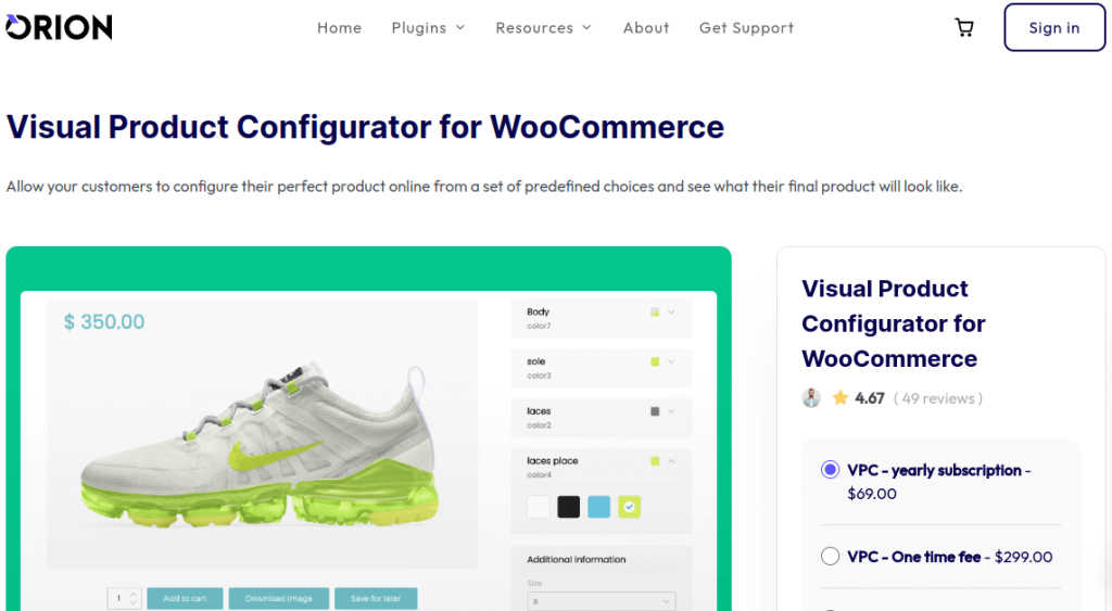 Product page of visual product configurator for WooCommerce