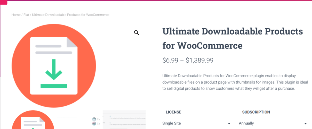 Ultimate Downloadable Products for WooCommerce plugin product page showcasing pricing, features, and options for displaying downloadable files with image thumbnails