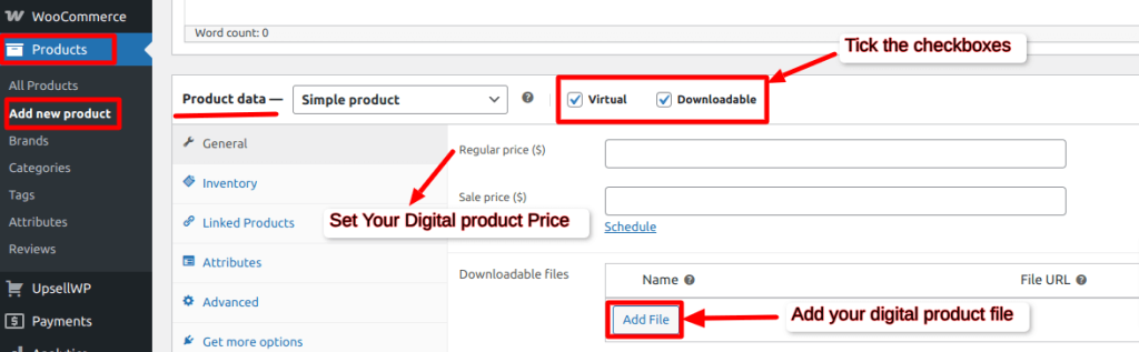 WooCommerce product creation page highlighting the steps to add a new digital product, set pricing, mark it as virtual and downloadable, and upload the product file