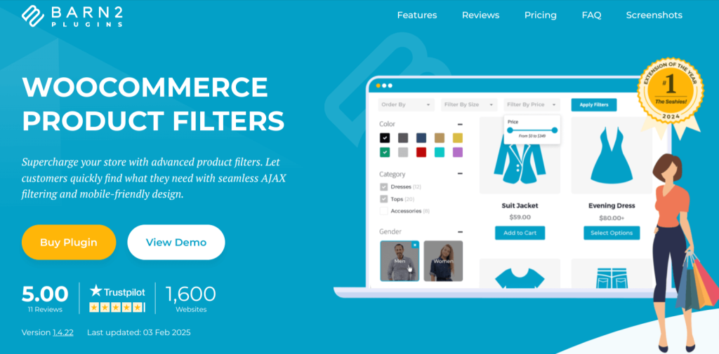 Barn2 WooCommerce Product Filters plugin homepage showcasing advanced filtering options, AJAX-powered search, mobile-friendly design, and a high Trustpilot rating.