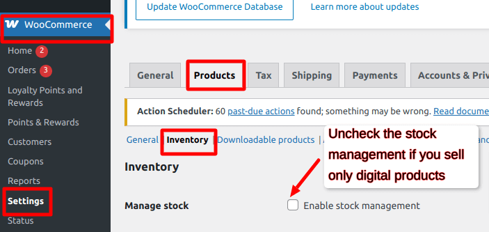 WooCommerce settings page highlighting the 'Products' tab and 'Inventory' section, instructing users to disable stock management for digital products