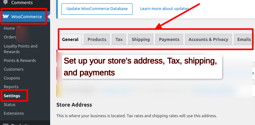 WooCommerce settings page in WordPress dashboard highlighting store setup options, including address, tax, shipping, and payment settings