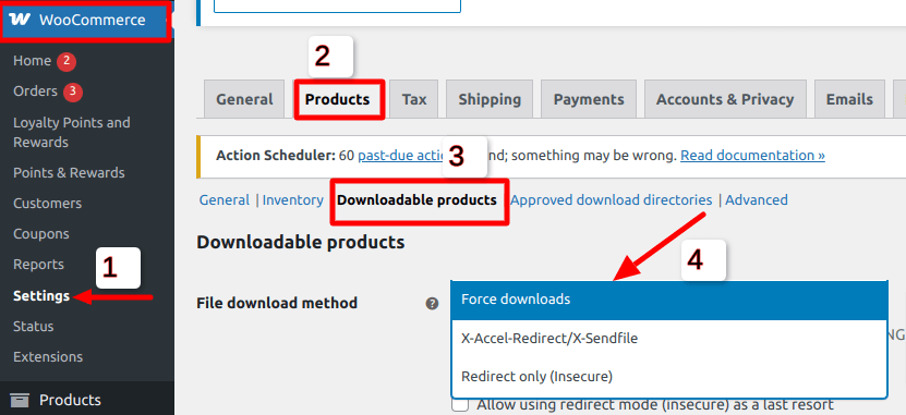 WooCommerce settings page in WordPress highlighting the 'Products' tab, 'Downloadable products' section, and file download method options