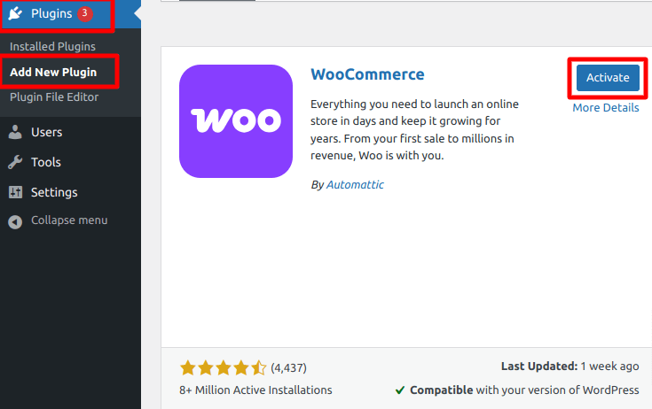 WordPress dashboard showing the installation of the WooCommerce plugin, highlighting the 'Add New Plugin' menu and 'Activate' button