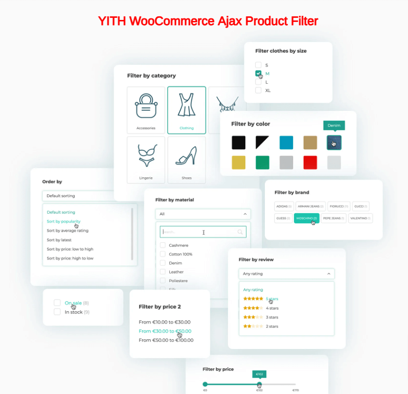 YITH WooCommerce Ajax Product Filter interface displaying category, size, color, brand, material, price, and review filters with a modern design