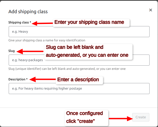 WooCommerce "Add Shipping Class" page with instructions to enter a class name, slug, description, and click "Create