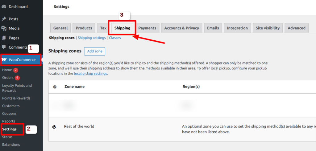 WooCommerce Settings page with the "Shipping" tab highlighted