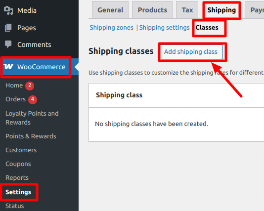 WooCommerce Shipping Classes page, with the "Add shipping class" button highlighted under the Shipping settings